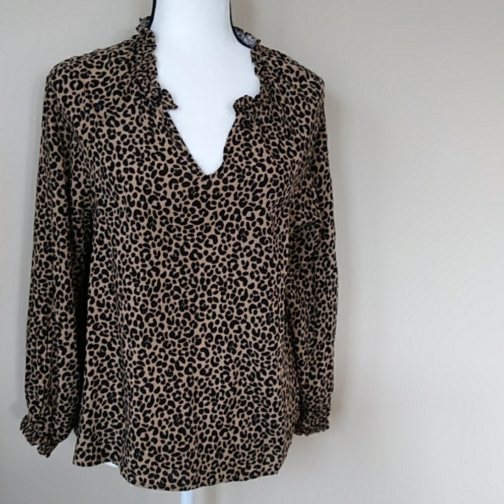 Old Navy Ruffle Animal Print Open Neck Blouse SMALL Brown Black